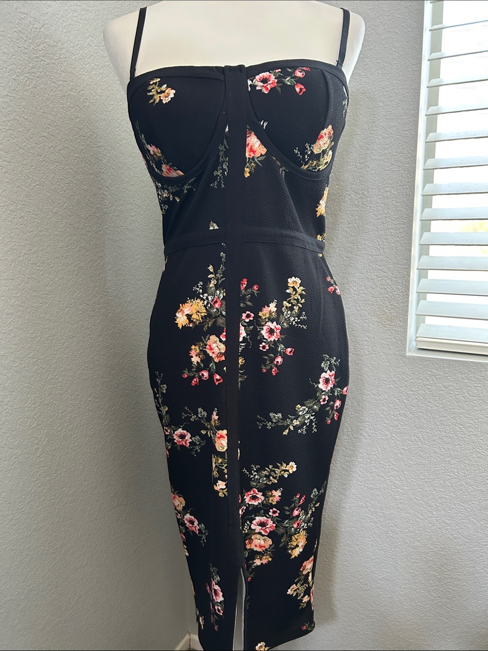 New With Tags! Material Girl Black Floral Midi Dress with Pink & Yellow Accents